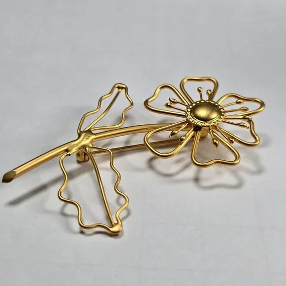 Gold Tone Flower Brooch Open Wire Daisy Mid Century Modernist Statement Vintage - Picture 3 of 10